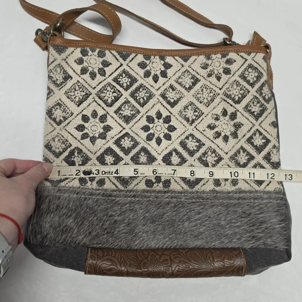 MYRA Bag Tapestry Cotton Calf Hair Tooled Leather Distressed Crossbody Western